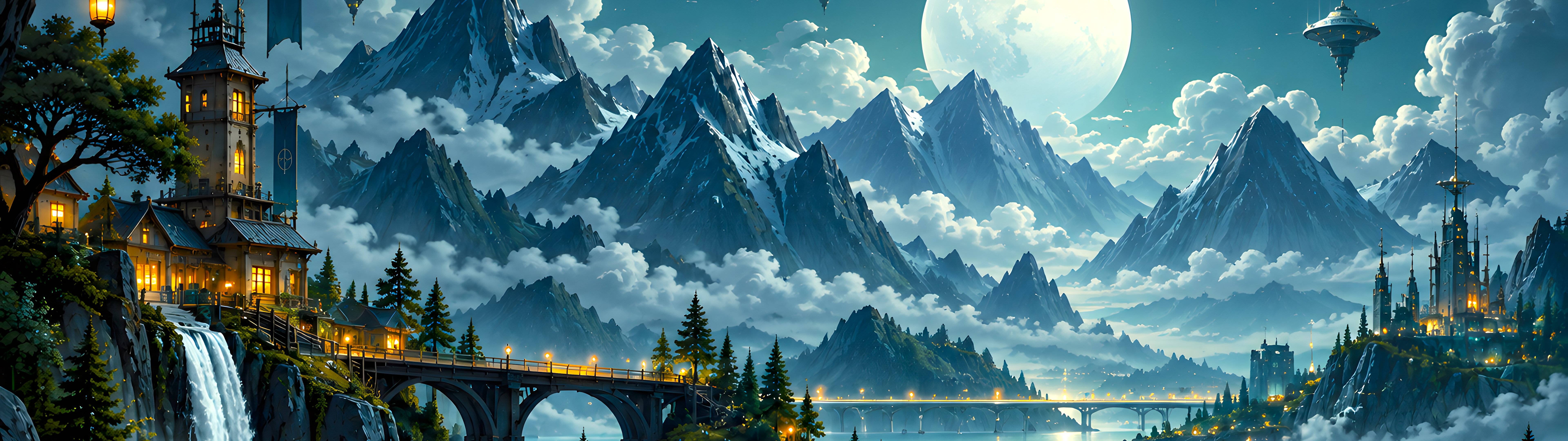 Moonlit Castle Valley Landscape - Dual Monitor Wallpapers in 7680x2160 resolution