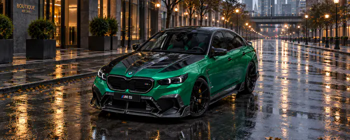 UltraWide 32:9 Road wallpapers (3840x1080): BMW M5, carbon fiber, skyscrapers, reflection