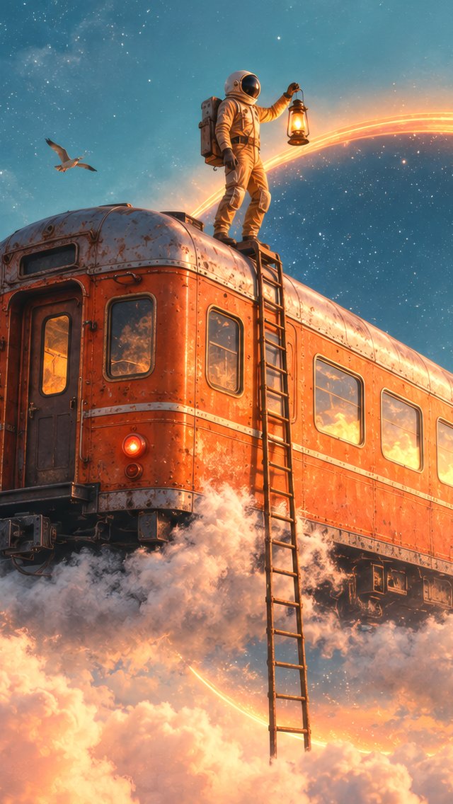 Astronaut on a Train Above Clouds - Wallpapers for iPhone 5/5S/5C/SE in 640x1136 resolution