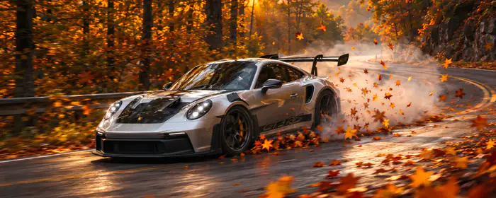 UltraWide 32:9 Road wallpapers (3840x1080): Porsche 911 GT3 RS, drift, road, autumn leaves