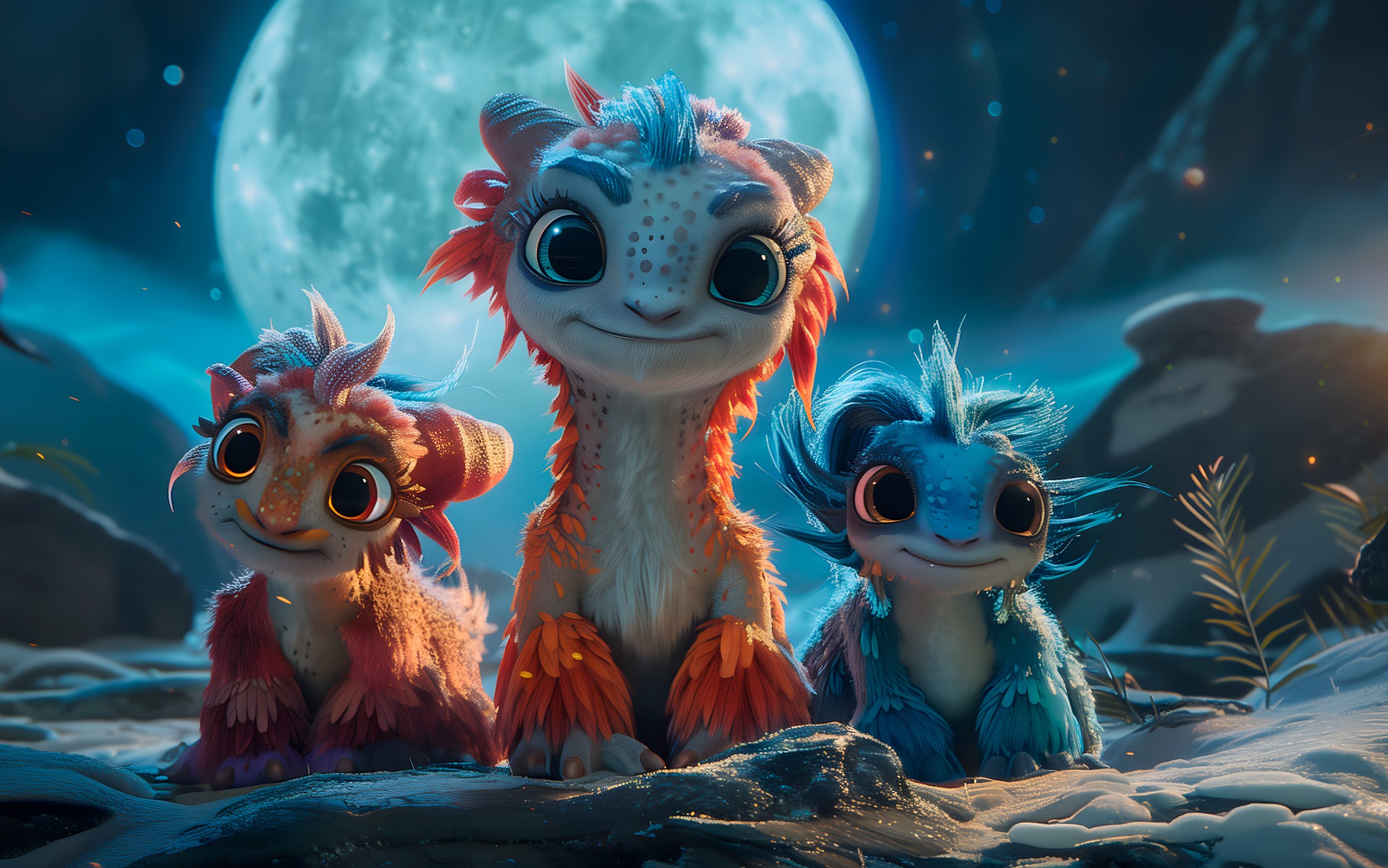 Three fantasy creatures under a moon - Wallpapers for MacBook Neo in 2408x1506 resolution