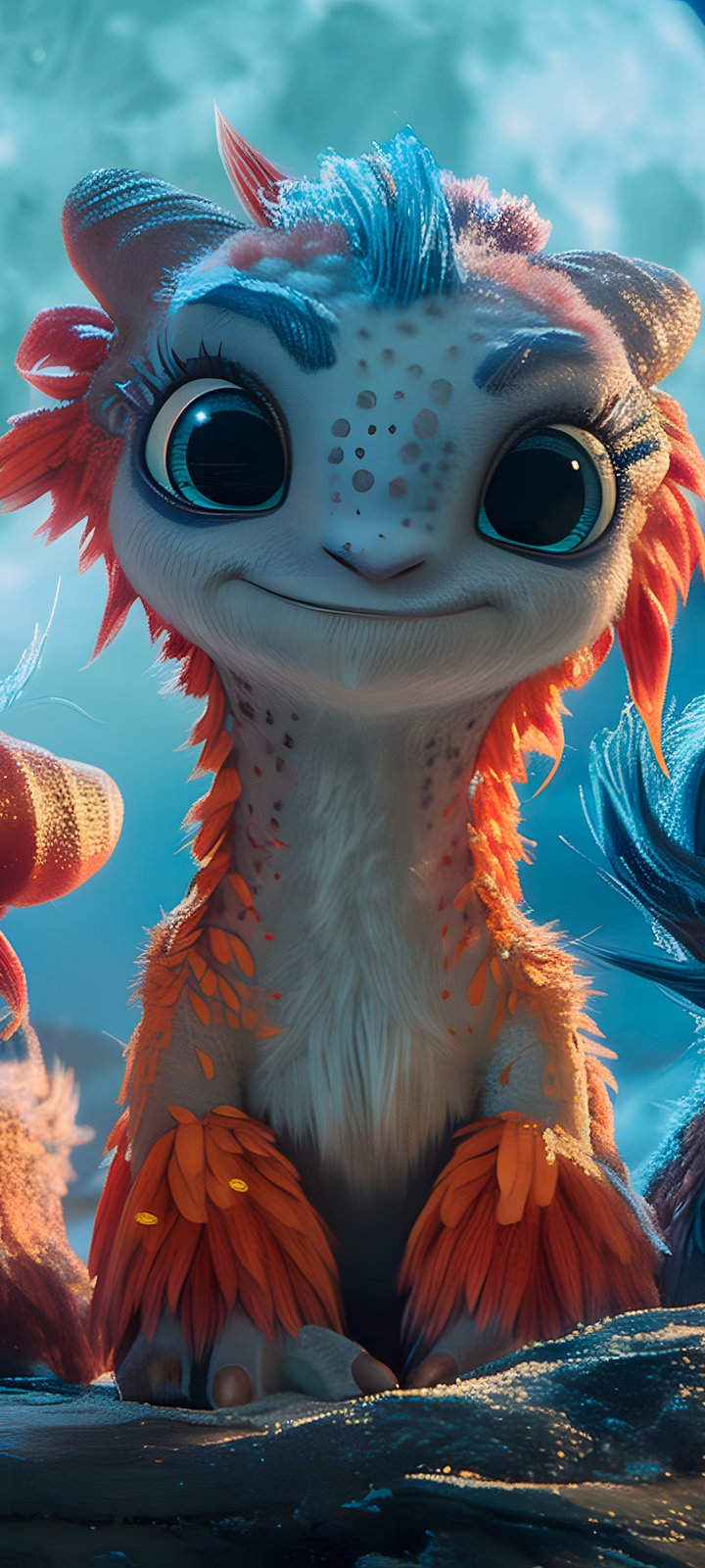 Three fantasy creatures under a moon - Wallpapers for Xiaomi Redmi 10C/C40/C51, Samsung Galaxy A12/A02s/A03/M12 in 720x1600 resolution