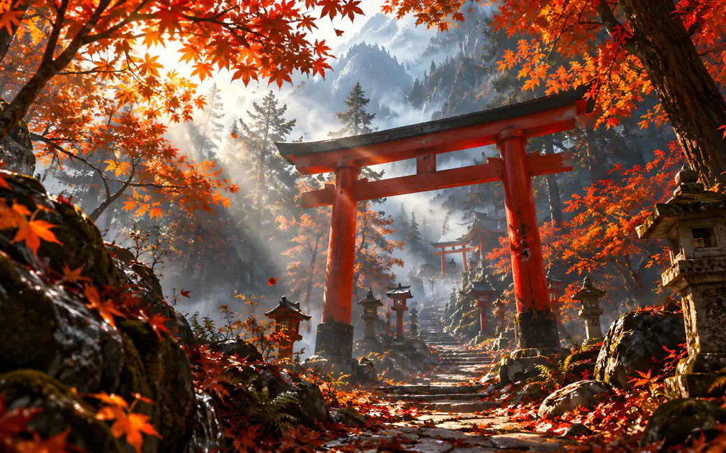 Theories and trails in the autumn forest in Japan — desktop and phone wallpaper, free download