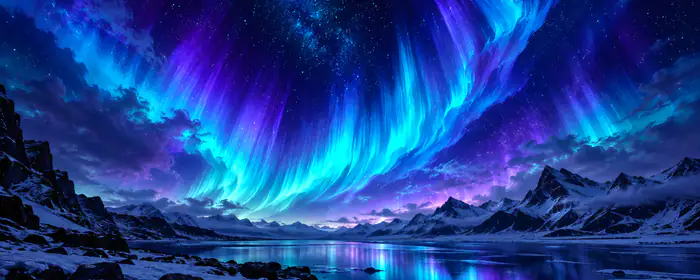 UltraWide 32:9 обои природа (5120x1440): северное сияние, горы, озеро, ночь