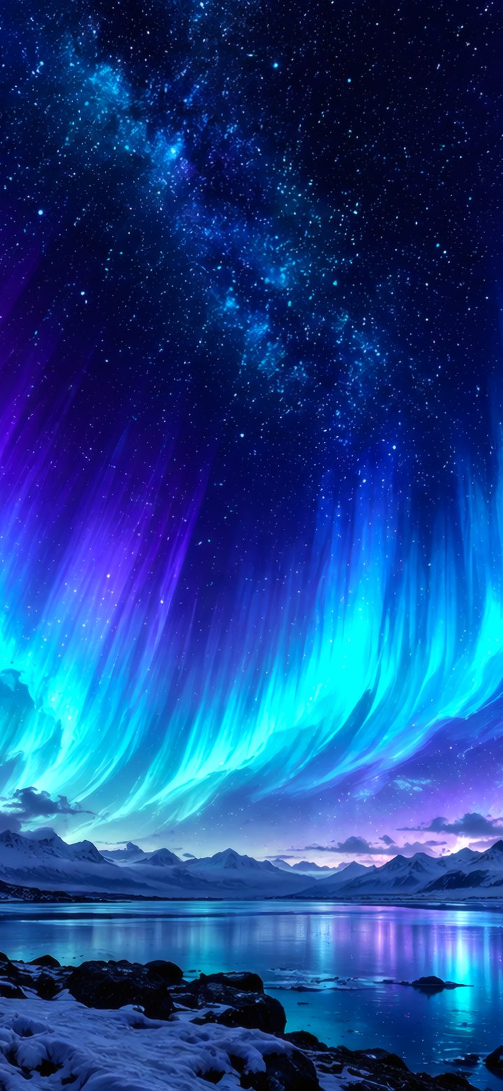 Blue Aurora Over an Arctic Lake - Wallpapers for Samsung Galaxy A11/A20e/A20/M11, Xiaomi Redmi 9A/9C, POCO C40 in 720x1560 resolution