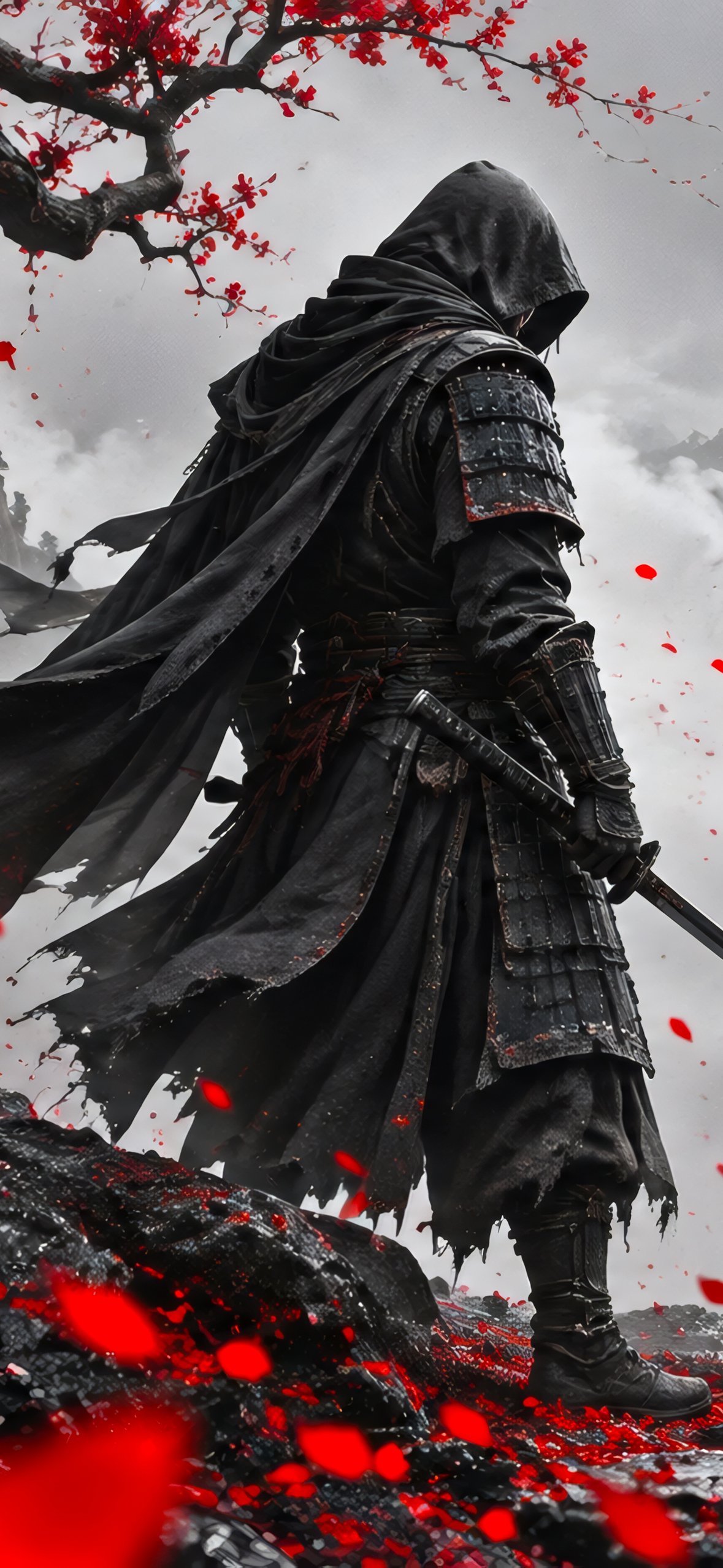 Lonely samurai among the misty mountains of Japan - Wallpapers for iPhone 14 Pro/15 Pro in 1179x2556 resolution