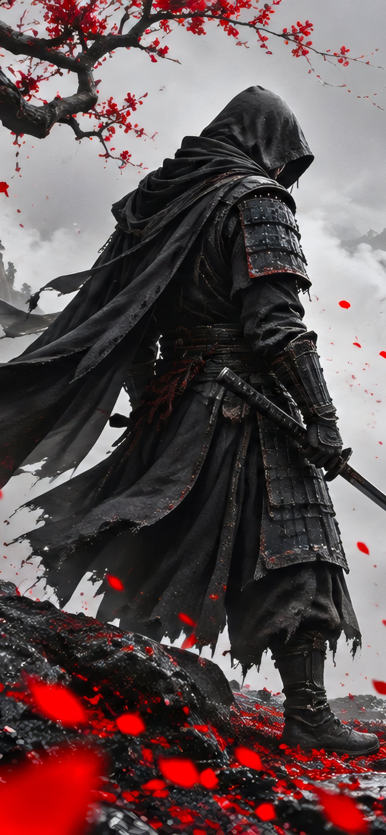 Lonely samurai among the misty mountains of Japan - Wallpapers for iPhone 13 Pro Max/12 Pro Max/14 Plus in 1284x2778 resolution