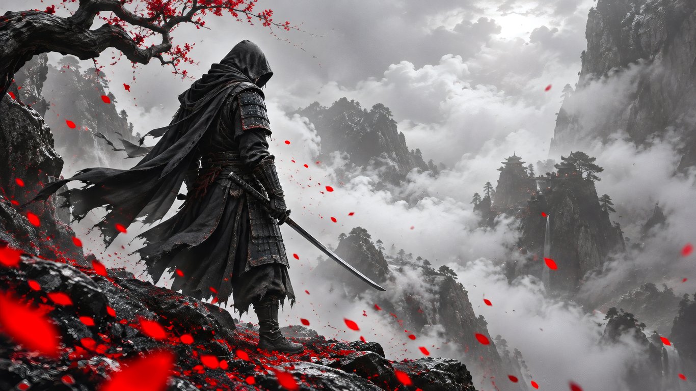 Lonely samurai among the misty mountains of Japan - Laptop Wallpapers in 1366x768 resolution