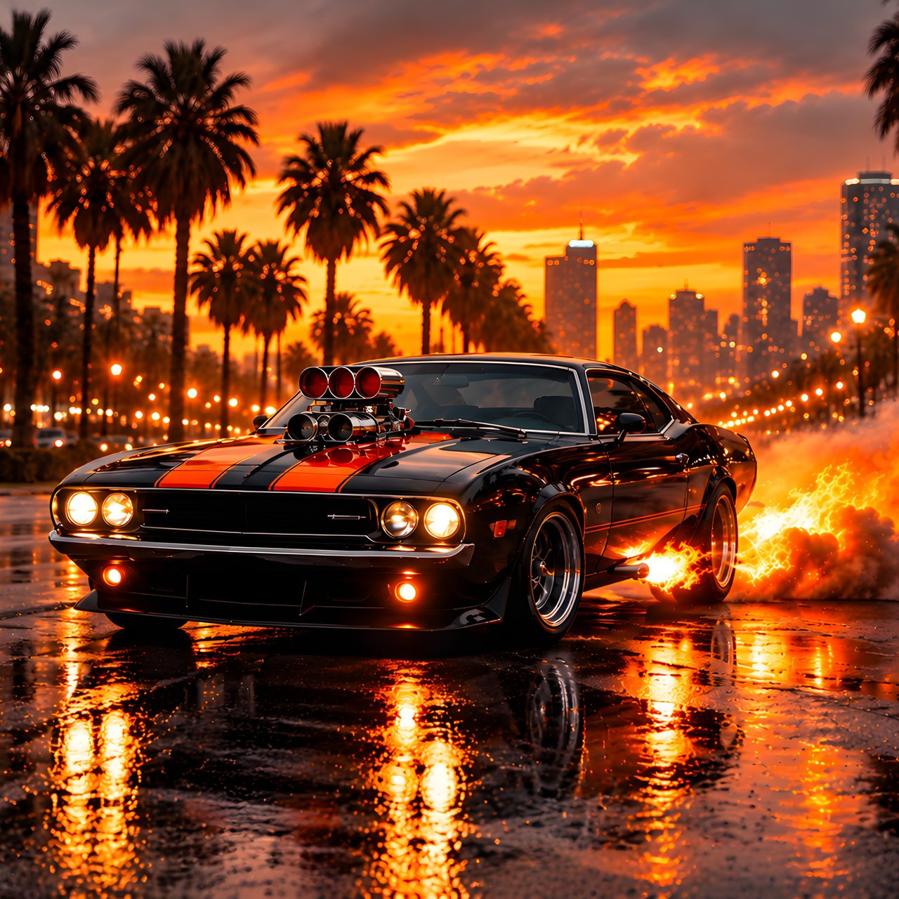 Классический Dodge Challenger с огнем - Обои для Lenovo, Huawei в разрешении 1280x1280