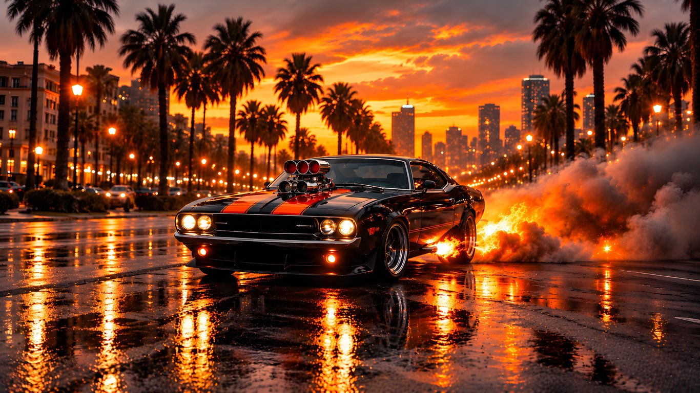 Classic Dodge Challenger with Fire - Laptop Wallpapers in 1366x768 resolution