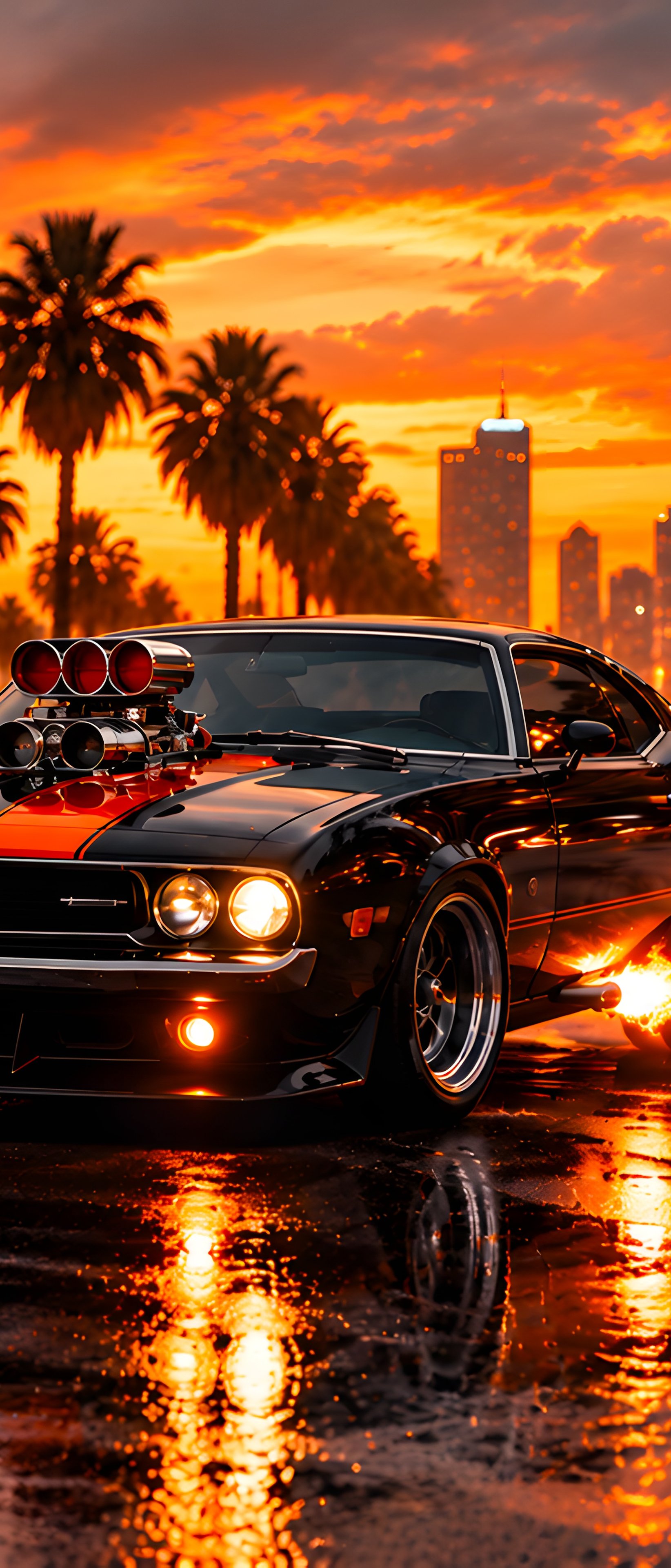Классический Dodge Challenger с огнем - Обои для Sony Xperia 1/Xperia 1 III/Xperia PRO-I в разрешении 1644x3840