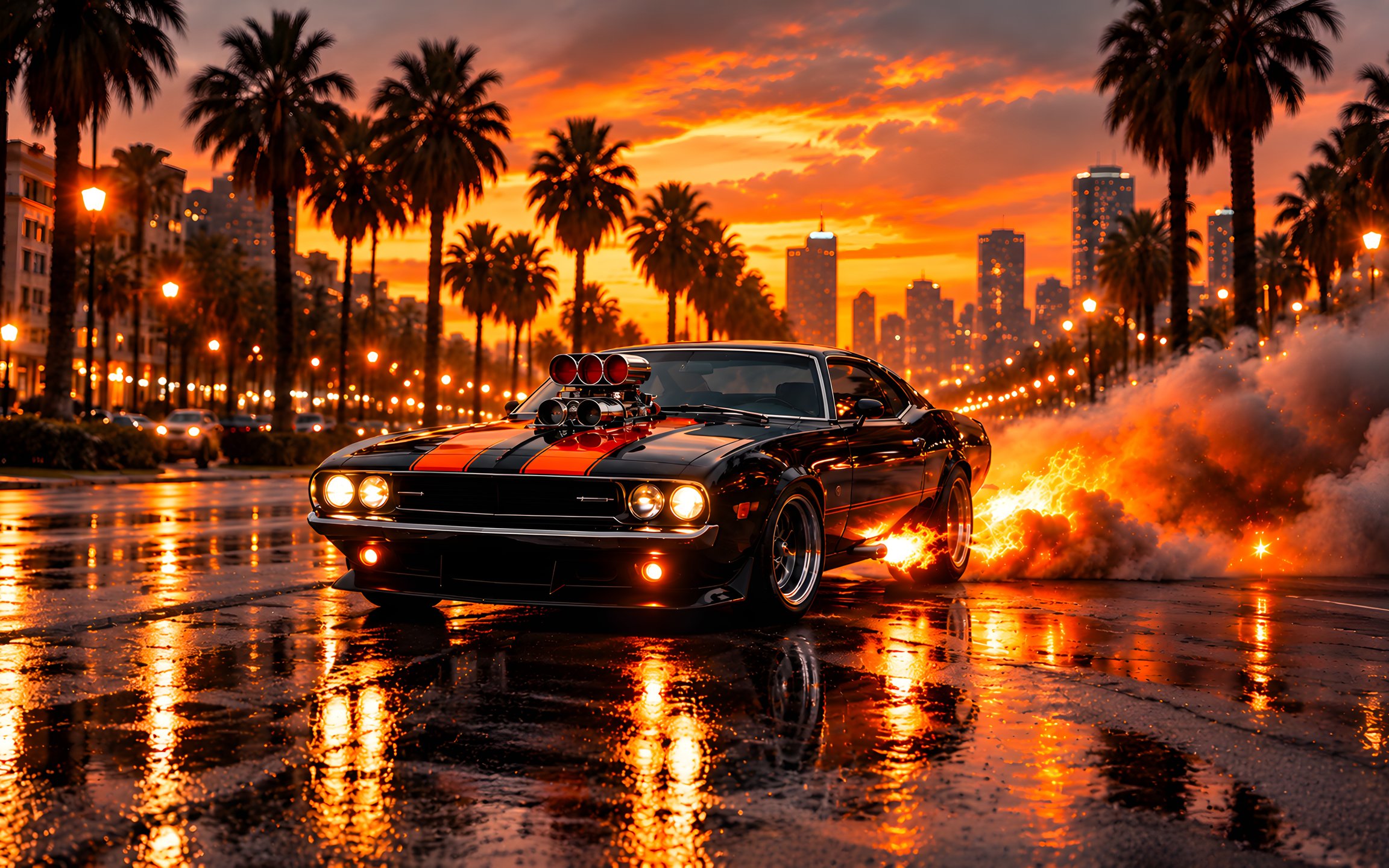 Классический Dodge Challenger с огнем - Обои для Apple MacBook 12″ в разрешении 2304x1440