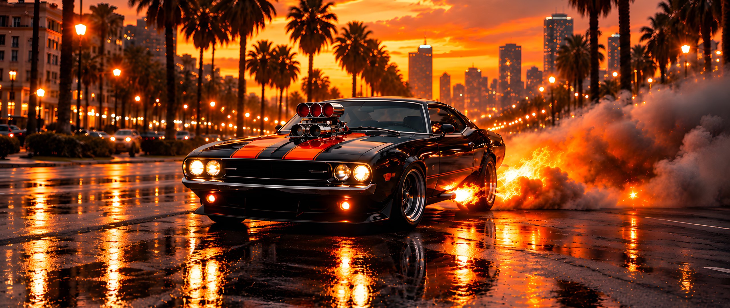 Классический Dodge Challenger с огнем - UltraWide 21:9 обои в разрешении 2560x1080