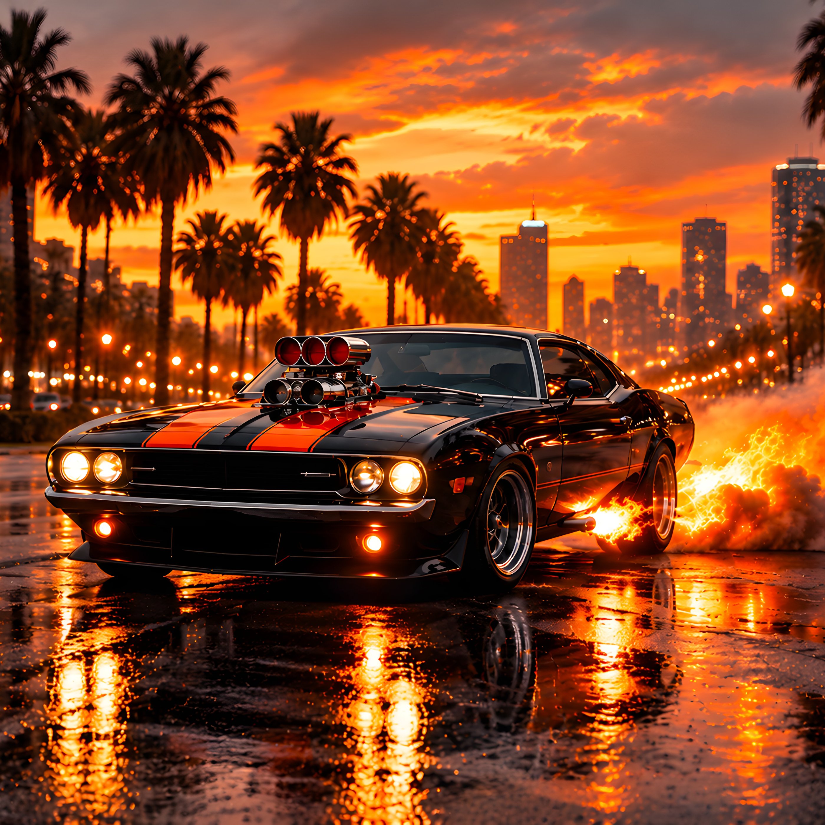 Classic Dodge Challenger with Fire - Wallpapers for Samsung Galaxy Tab S9+ in 2800x2800 resolution