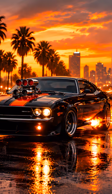 Обои Калифорния для iPhone 18 Pro/18/17 Pro/17/16 Pro (1206x2622): Dodge Challenger, красочный закат, дым, огонь