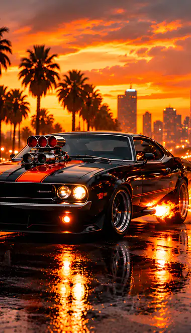 Performance Wallpapers for Xiaomi 13 Ultra/14 Ultra/15 Ultra/17 Pro Max, Samsung Galaxy S20/S20 Ultra/S21 Ultra (1440x3200): Dodge Challenger, colorful sunset, smoke, fire