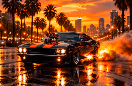WXGA_1280 Streetlight wallpapers (1280x800): Dodge Challenger, colorful sunset, smoke, fire