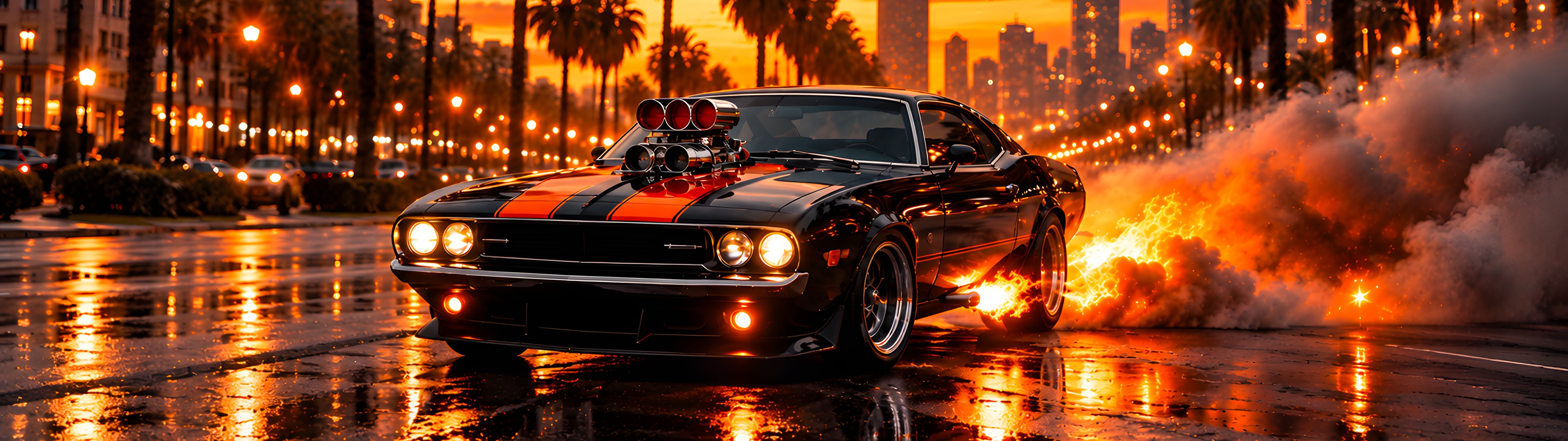 Классический Dodge Challenger с огнем - UltraWide 32:9 обои в разрешении 5120x1440