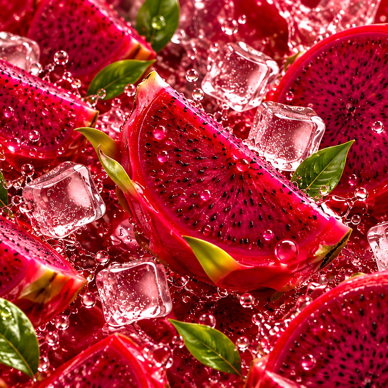 Dragon Fruit Pieces on Ice and Leaves - Wallpapers for Lenovo, Huawei in 1280x1280 resolution