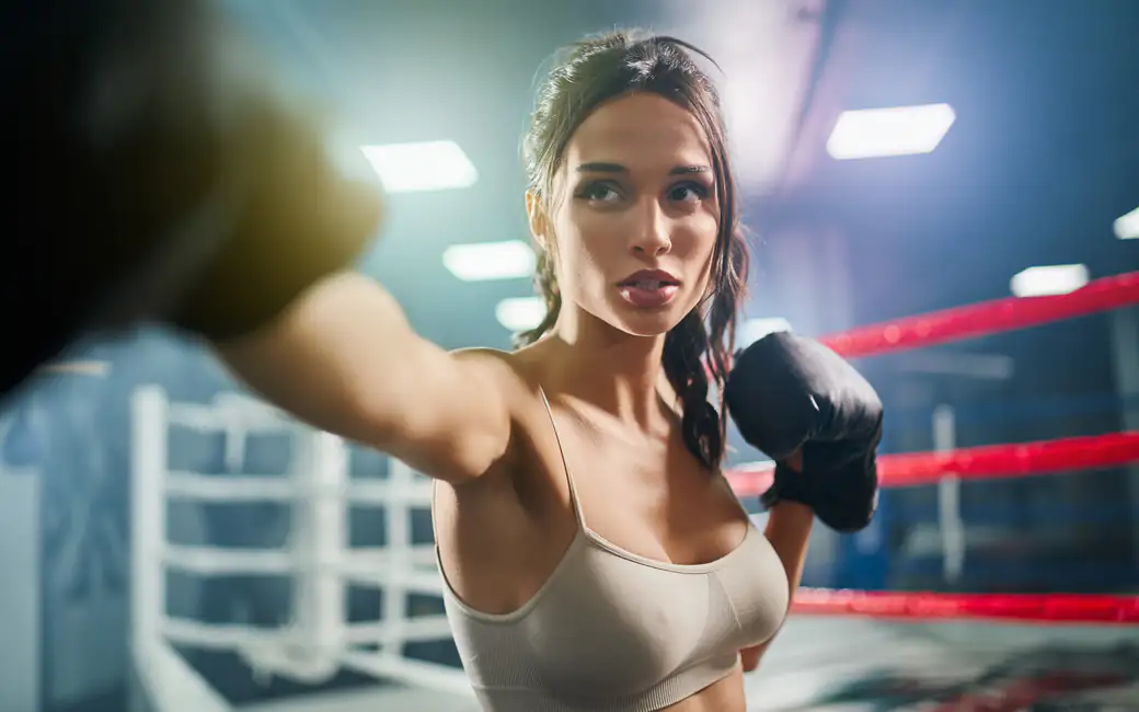 Female boxer training inside boxing ring — desktop and phone wallpaper, free download