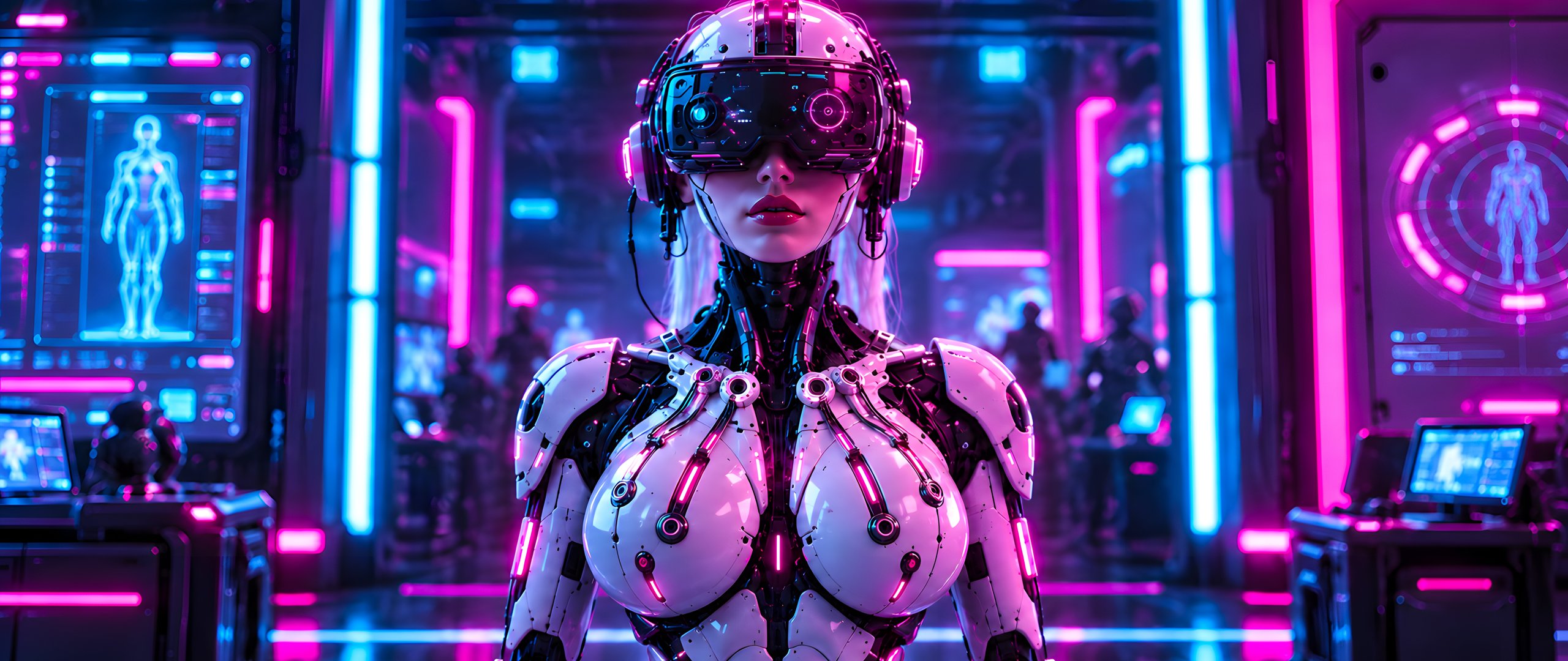 Девушка-андроид в неоновой лаборатории - UltraWide 21:9 обои в разрешении 2560x1080