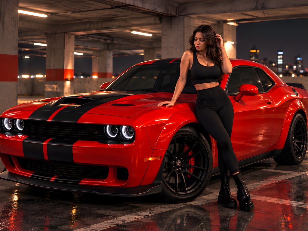 Dodge Challenger SRT Hellcat with a girl - XVGA wallpapers in 1024x768 resolution