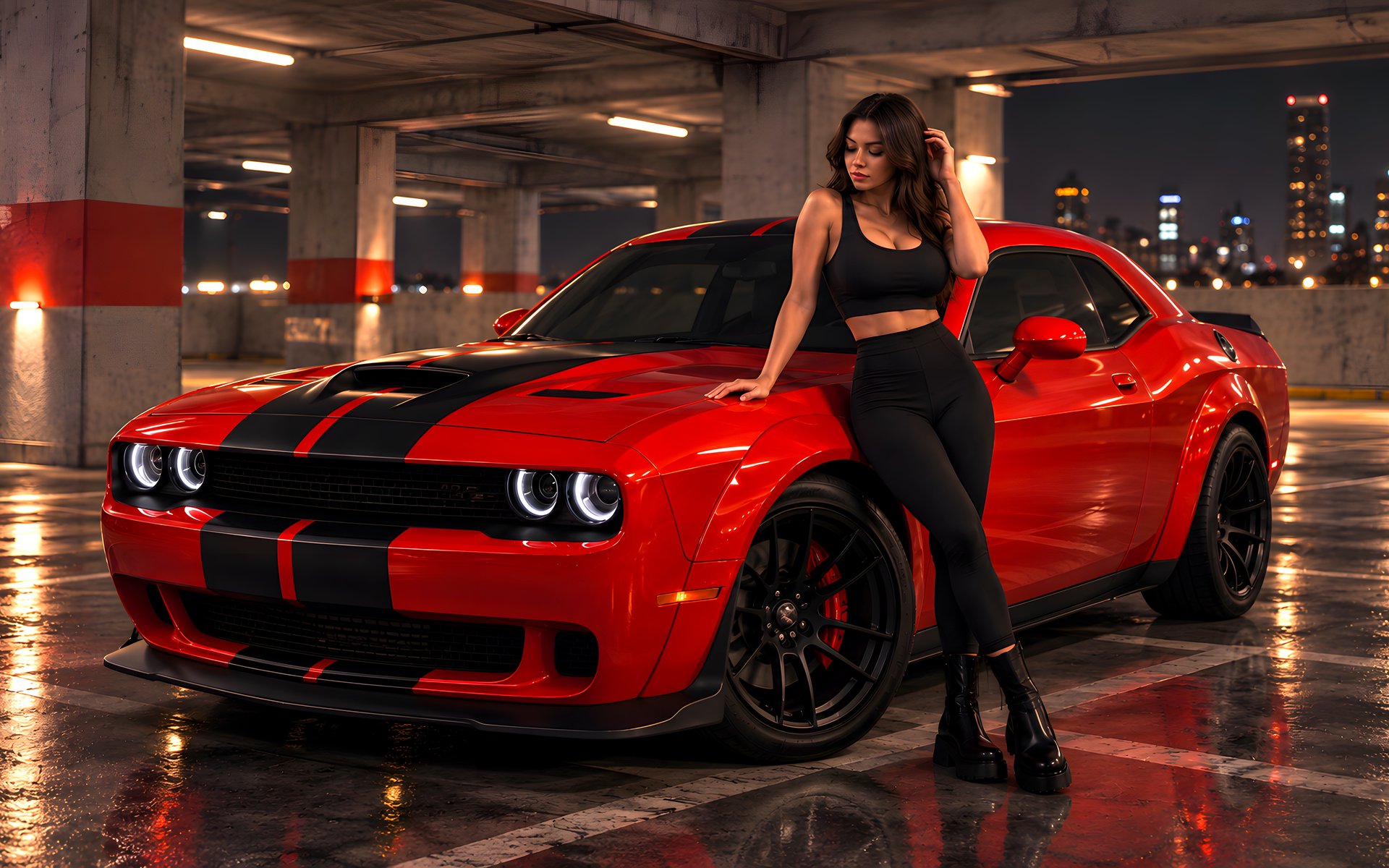 Dodge Challenger SRT Hellcat с девушкой - WUXGA обои в разрешении 1920x1200