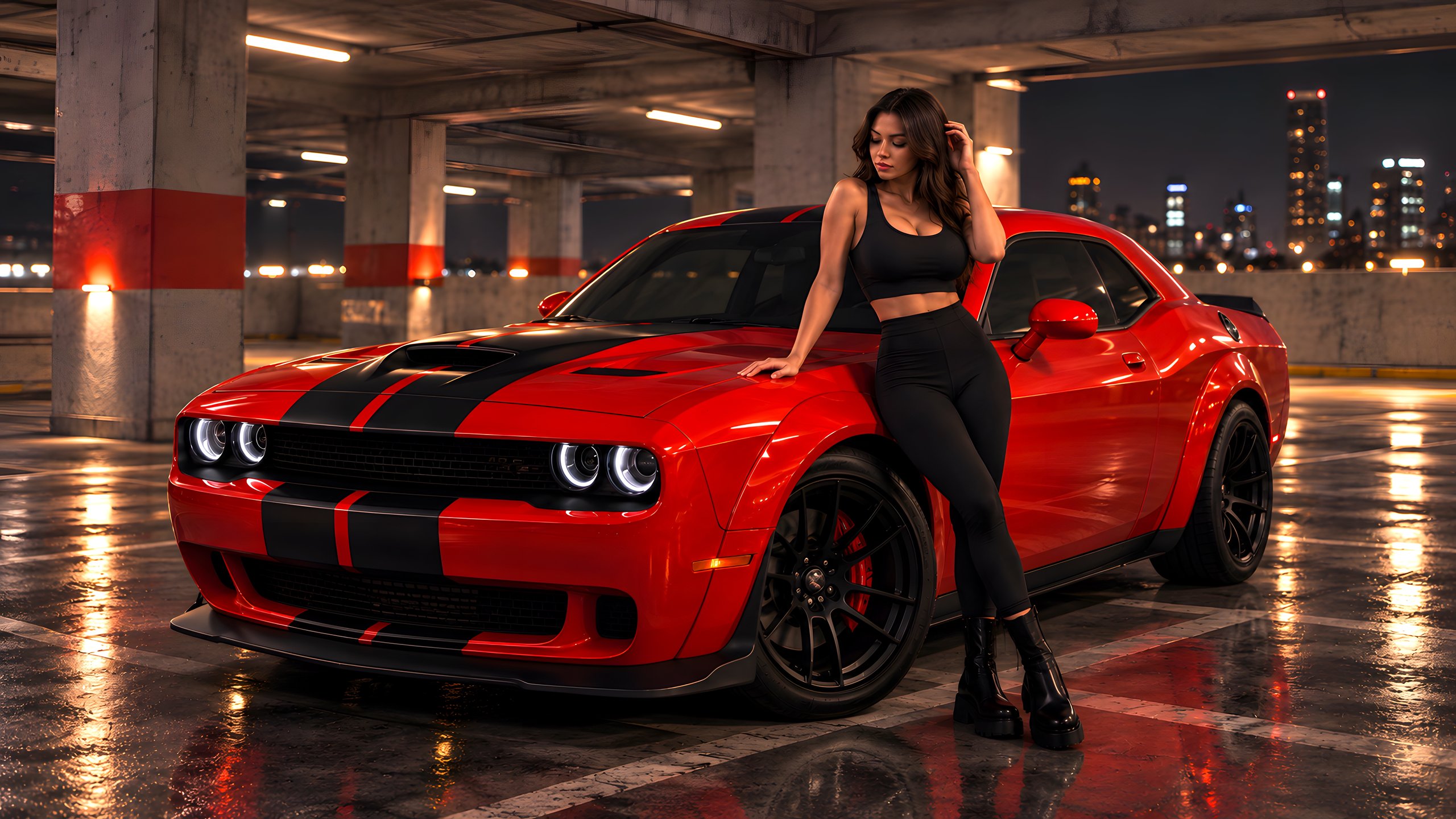 Dodge Challenger SRT Hellcat с девушкой - 2K Quad HD обои в разрешении 2560x1440
