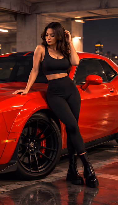 Reflection Wallpapers for Xiaomi Redmi 14C, POCO C71/C75/M7, Infinix Note 8 (720x1640): Dodge Challenger SRT, parking, night, woman