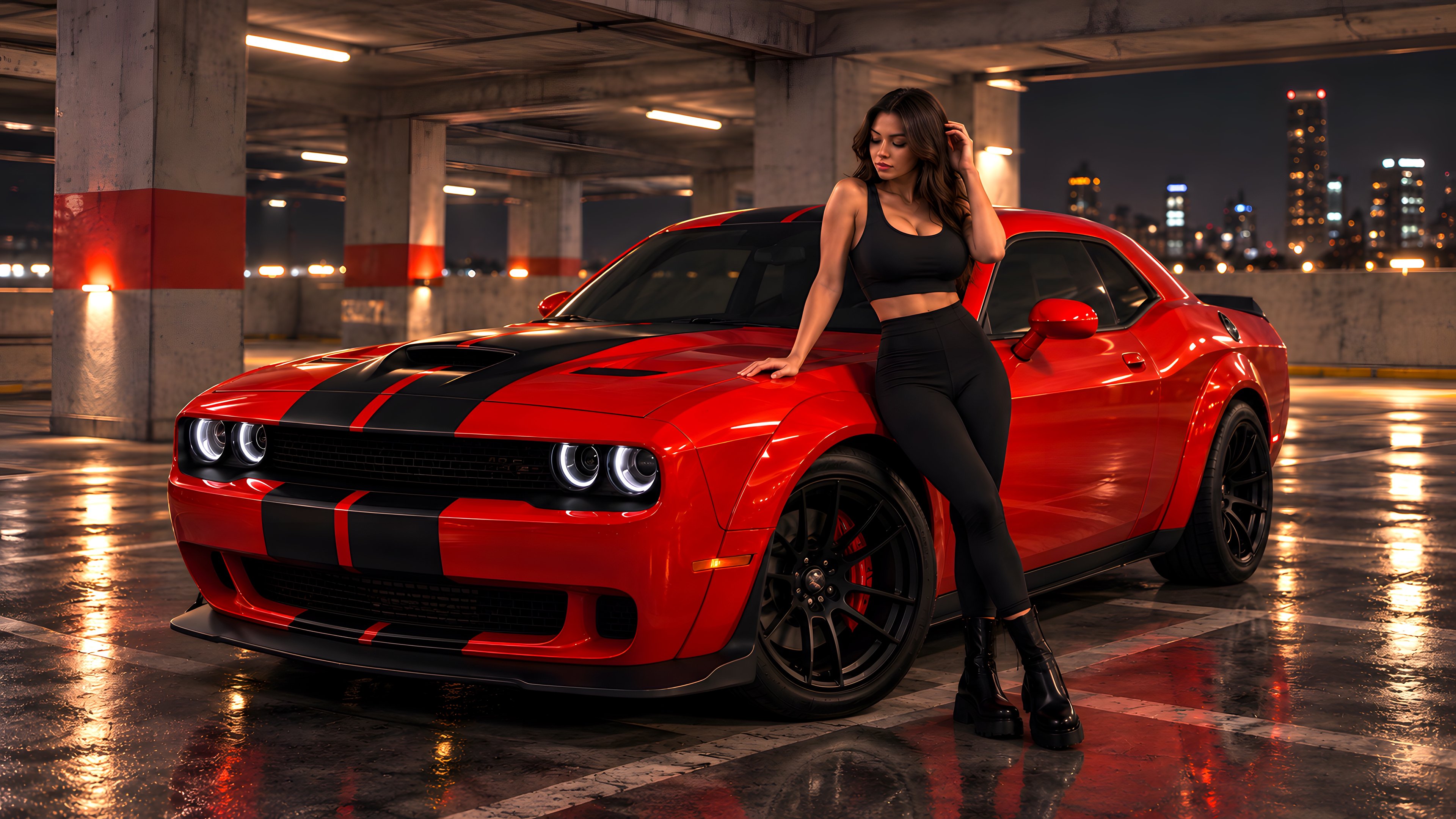 Dodge Challenger SRT Hellcat with a girl - 4K PC Wallpapers in 3840x2160 resolution