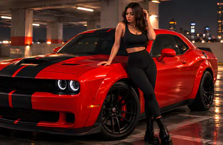 Brunette Wallpapers for Samsung Galaxy Tab (1920x1920): Dodge Challenger SRT, parking, night, woman