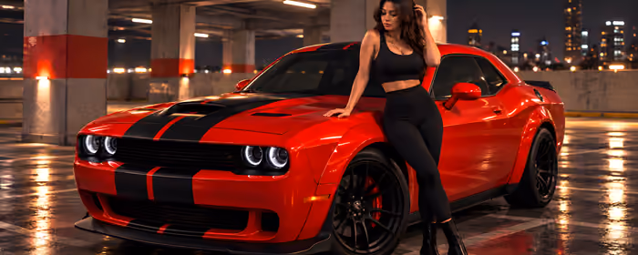 UltraWide 32:9 обои Dodge Challenger SRT (3840x1080): Dodge Challenger SRT, парковка, ночь, женщина