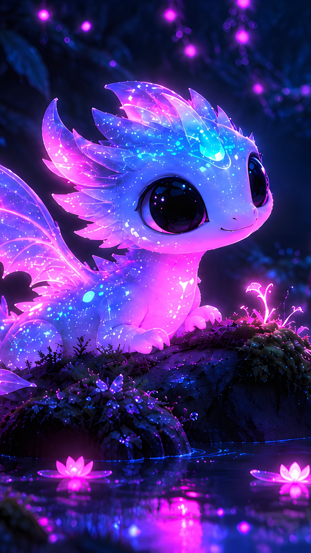 Cute pink dragon in the neon forest - Wallpapers for Samsung, Honor, Sony in 1080x1920 resolution