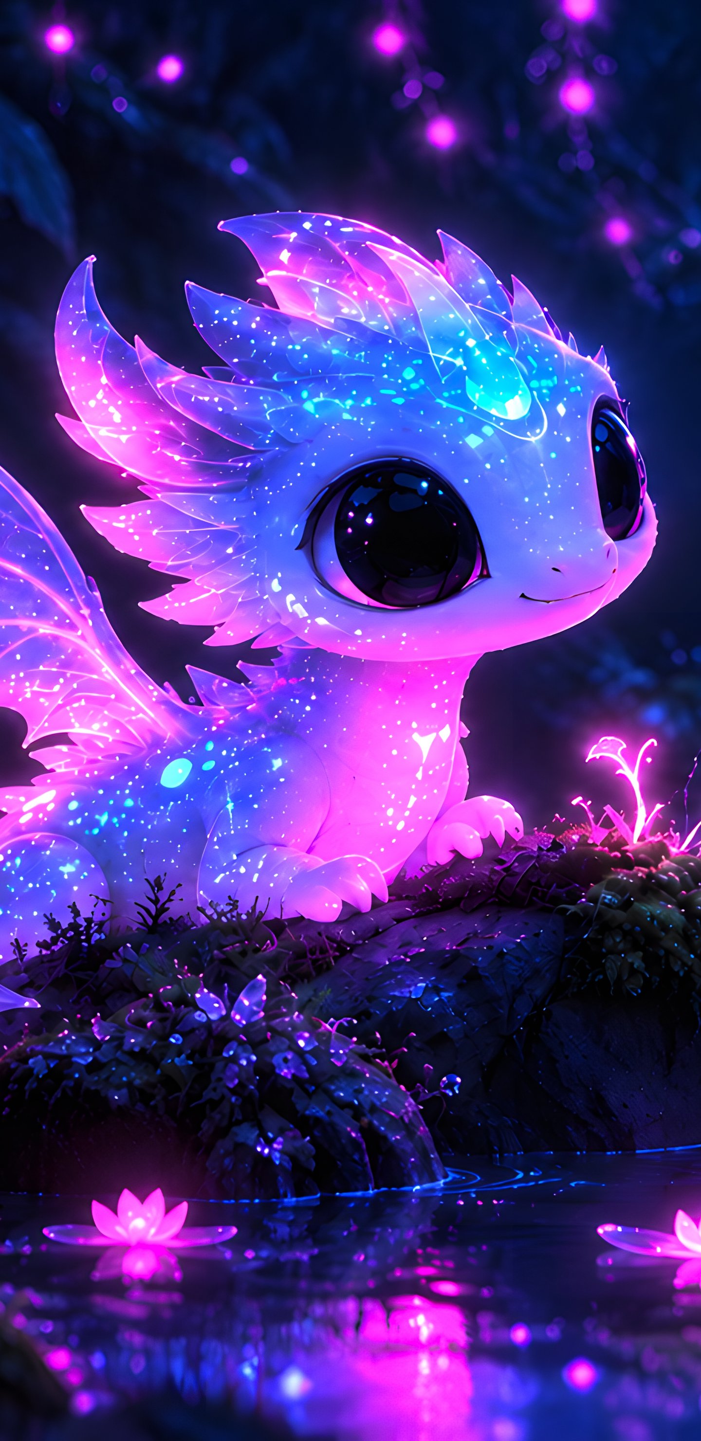 Cute pink dragon in the neon forest - Wallpapers for Samsung Galaxy S8/S8+/Note 8/S9/S9+/Note 9 in 1440x2960 resolution