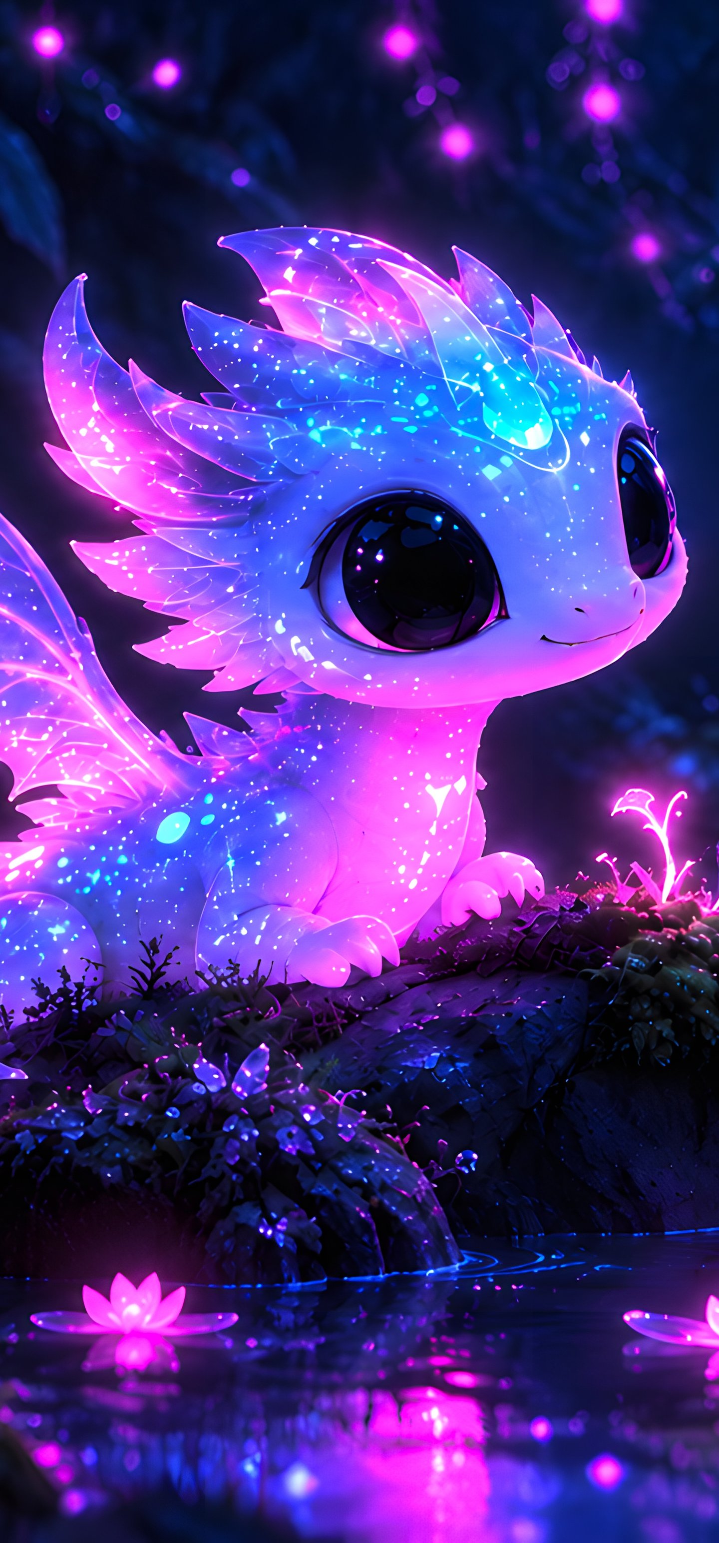 Cute pink dragon in the neon forest - Wallpapers for Samsung Galaxy S22 Ultra/S23 Ultra in 1440x3088 resolution