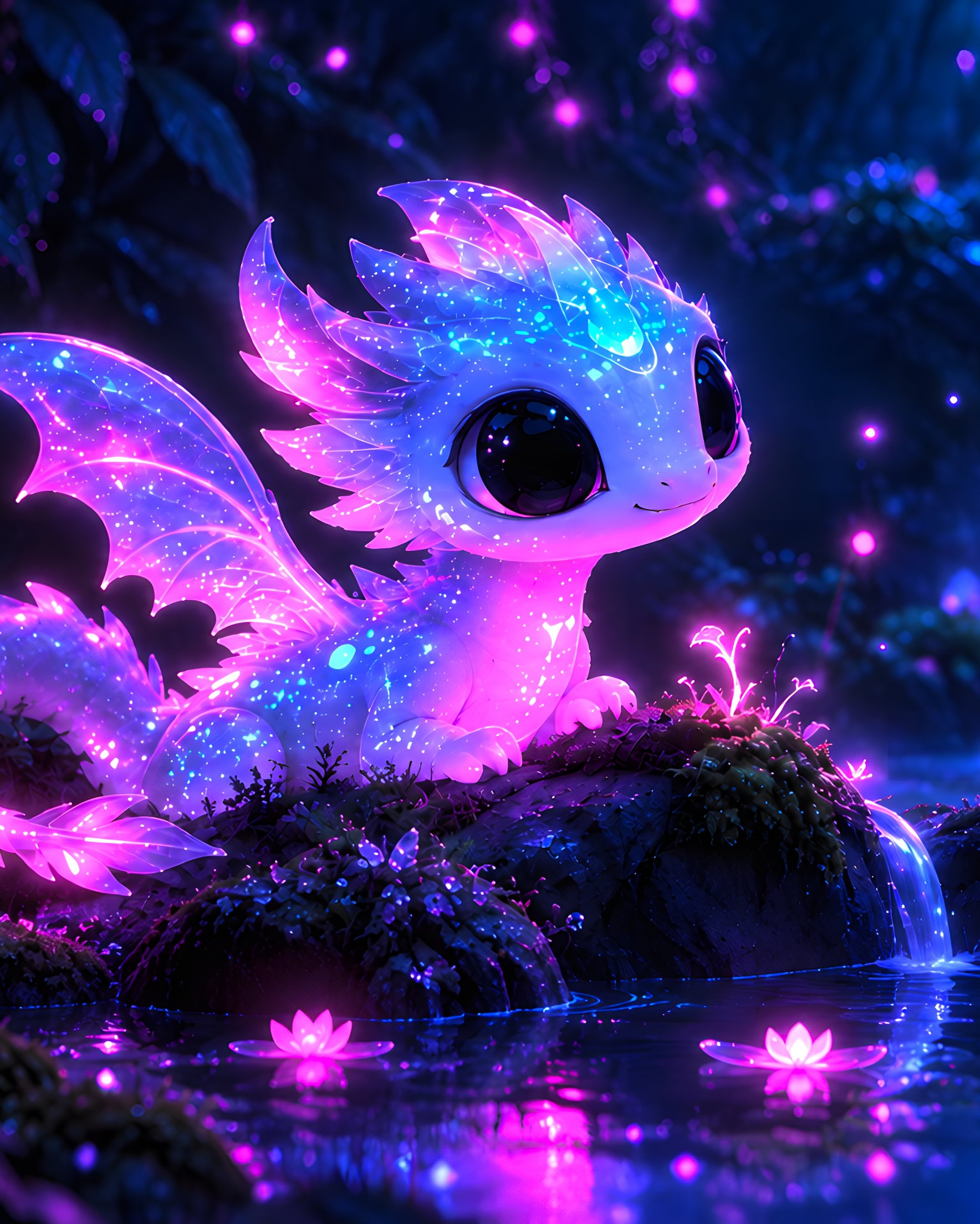 Cute pink dragon in the neon forest - Wallpapers for Samsung Galaxy Z Fold 2/3 in 1768x2208 resolution