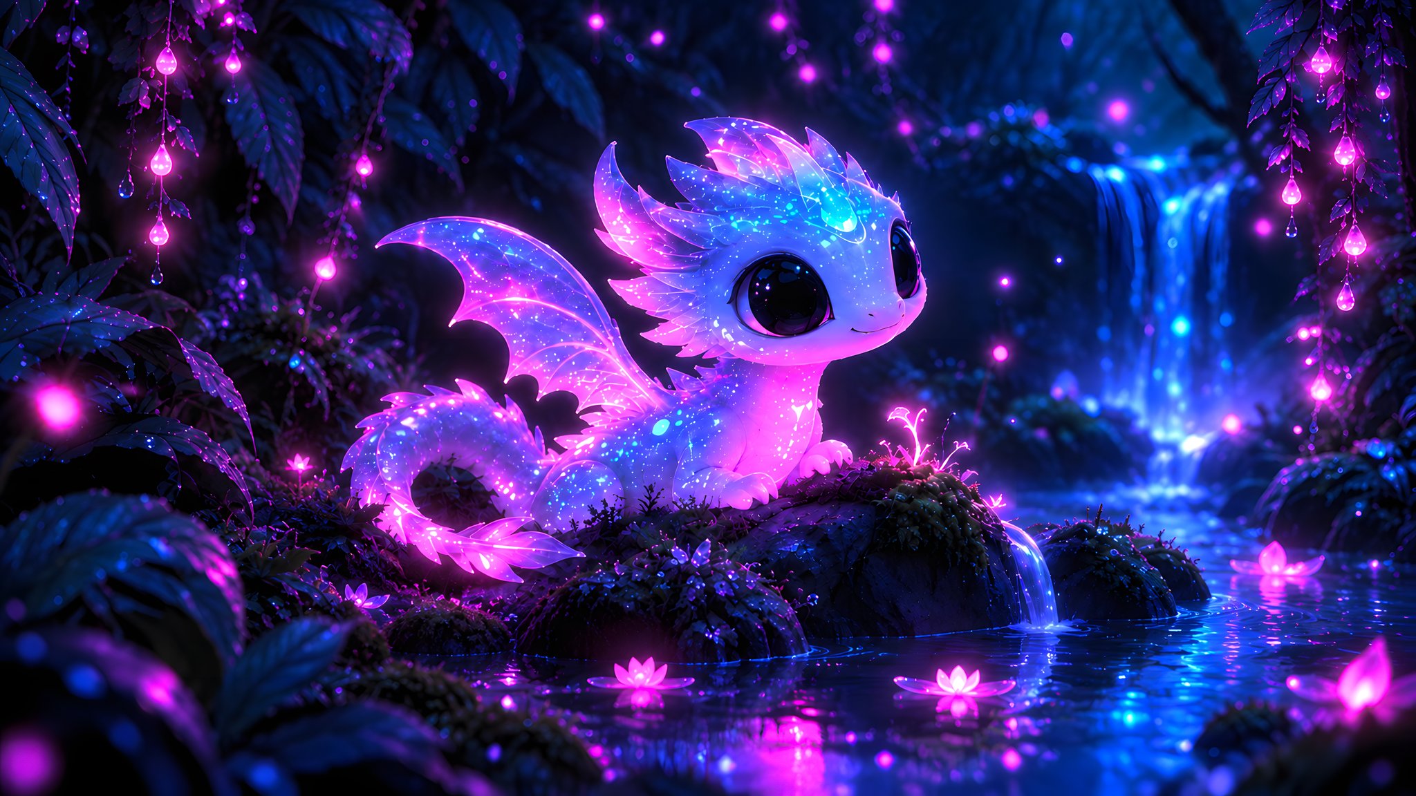 Cute pink dragon in the neon forest - QWXGA wallpapers in 2048x1152 resolution