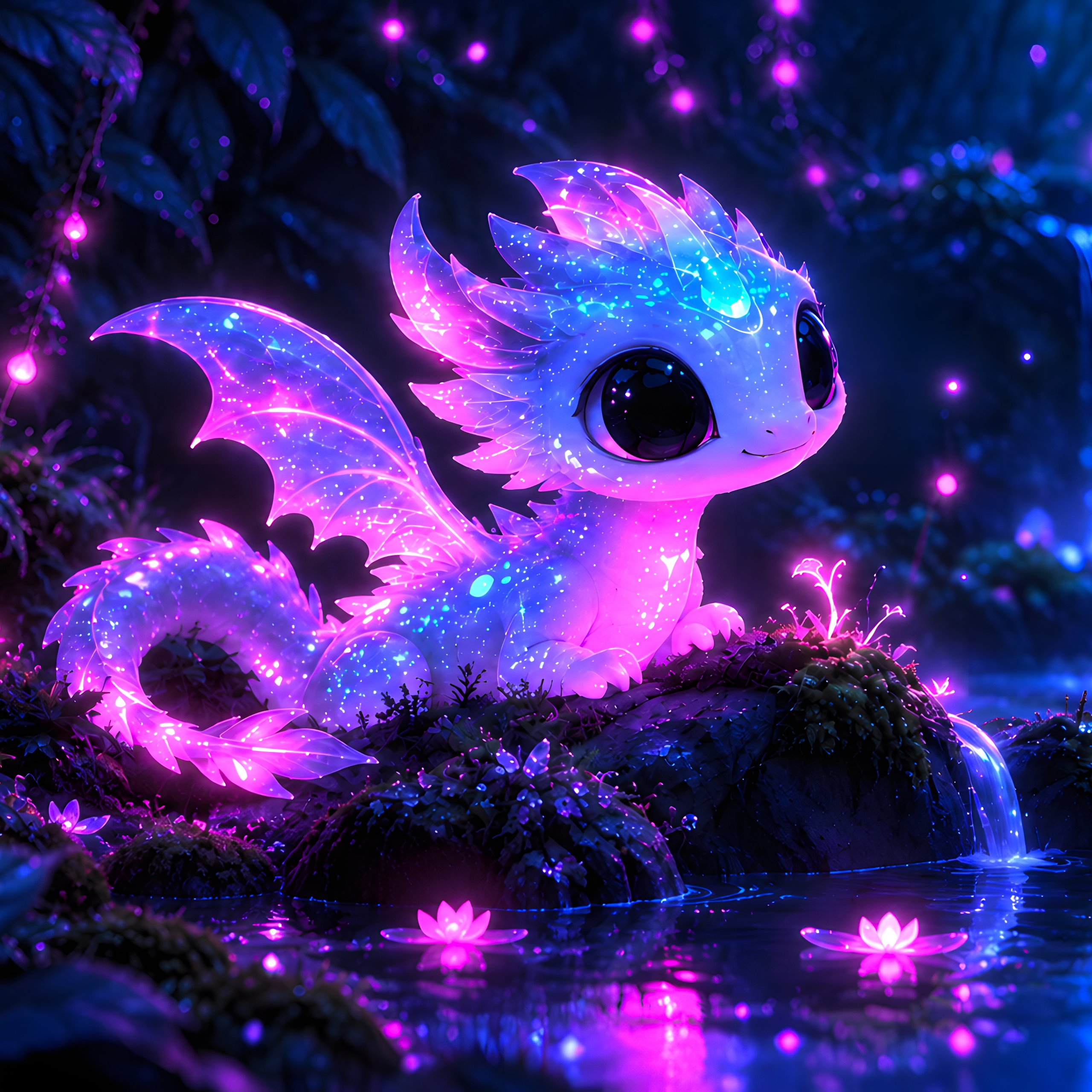 Cute pink dragon in the neon forest - Wallpapers for Samsung Galaxy Tab S9 FE+/Tab S11, Xiaomi Pad 5, Redmi Pad 2 Pro, POCO Pad in 2560x2560 resolution