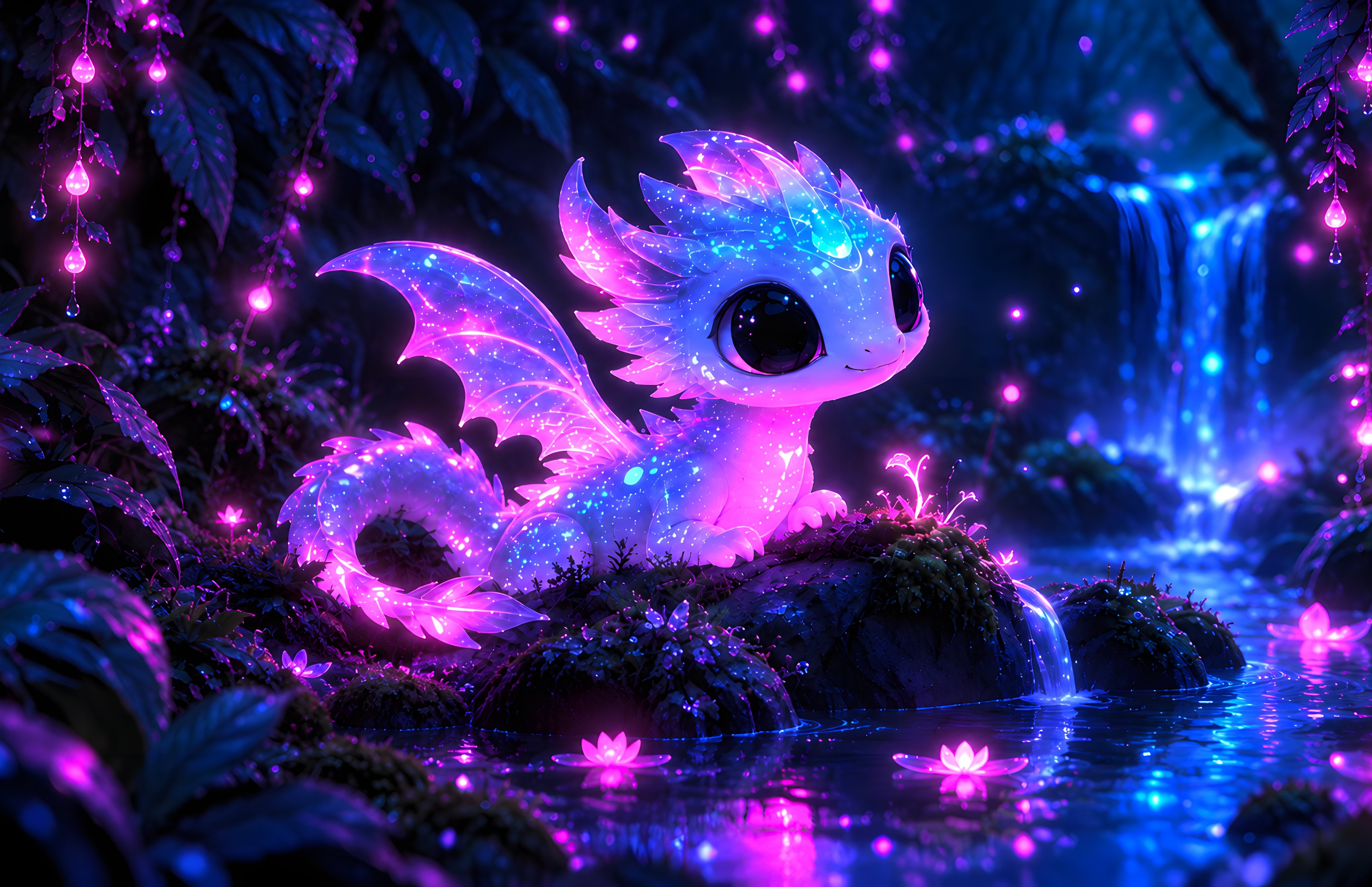 Cute pink dragon in the neon forest - Wallpapers for Apple MacBook 16.2″ in 3456x2234 resolution