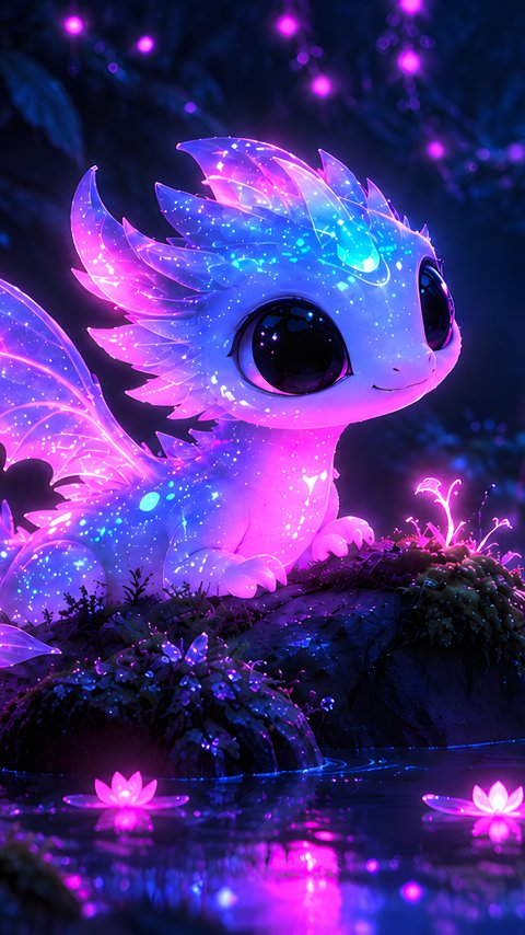 Cute pink dragon in the neon forest - Wallpapers for LG/ASUS in 480x854 resolution