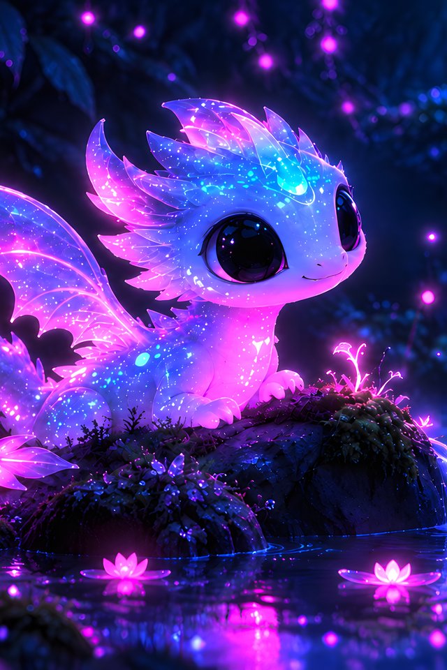 Cute pink dragon in the neon forest - Wallpapers for iPhone 4/4S in 640x960 resolution