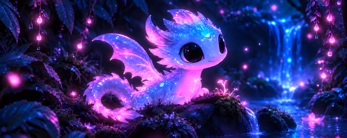 Dual Monitor Wallpapers Cute animals (7680x2160): dragon, stream, forest, night
