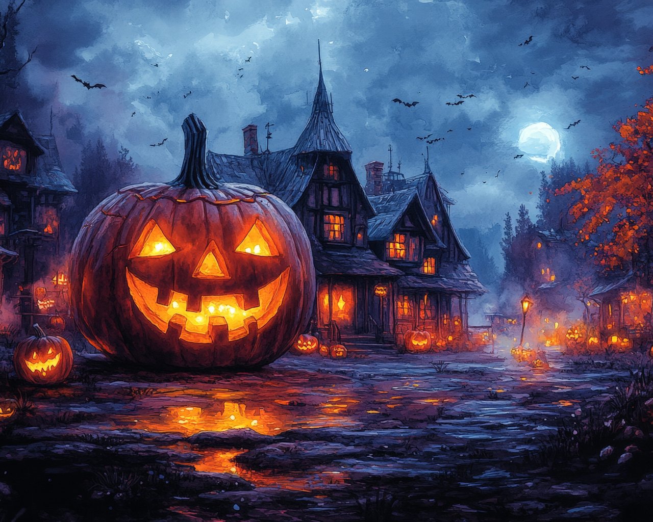 Giant Jack-o-lantern in the village - SXGA wallpapers in 1280x1024 resolution