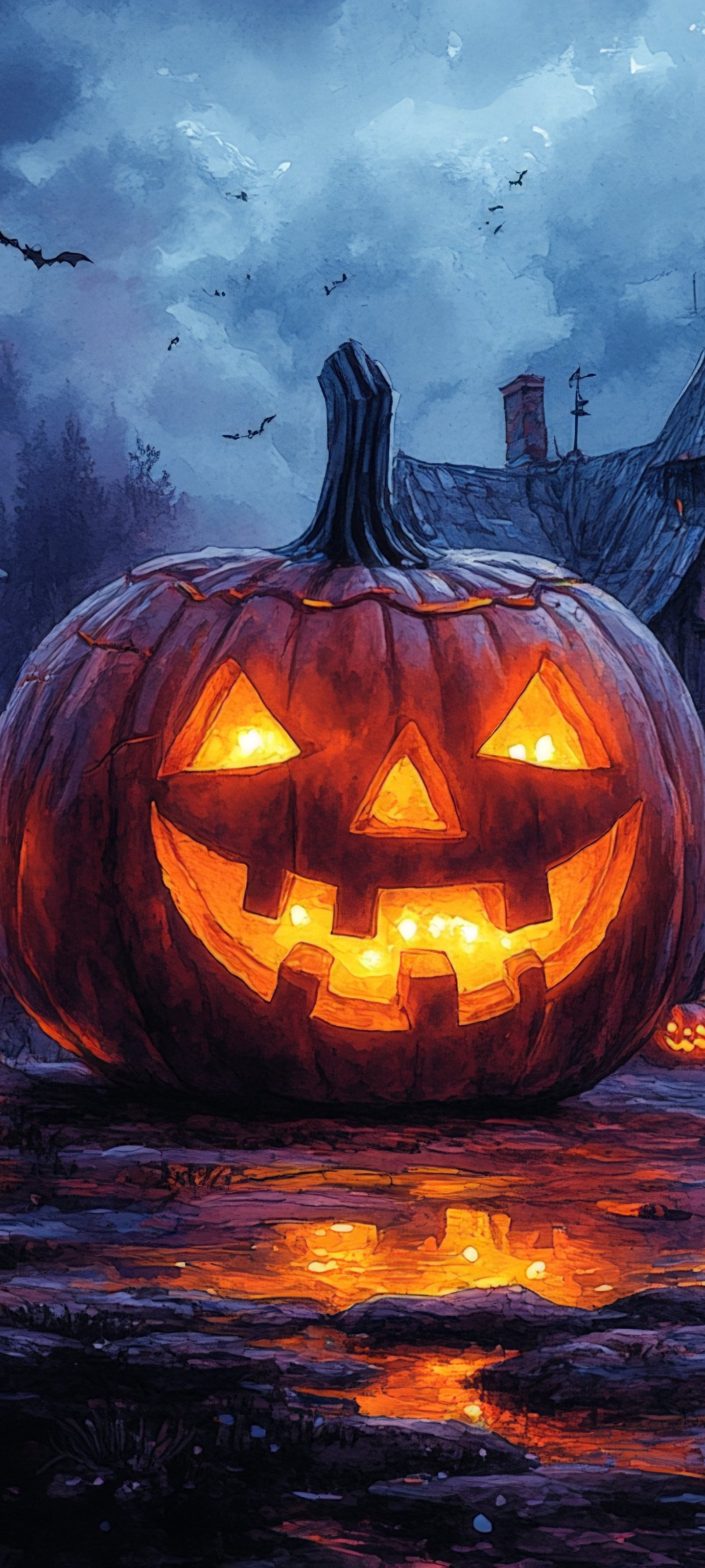 Giant Jack-o-lantern in the village - Wallpapers for Xiaomi 13 Ultra/14 Ultra/15 Ultra/17 Pro Max, Samsung Galaxy S20/S20 Ultra/S21 Ultra in 1440x3200 resolution