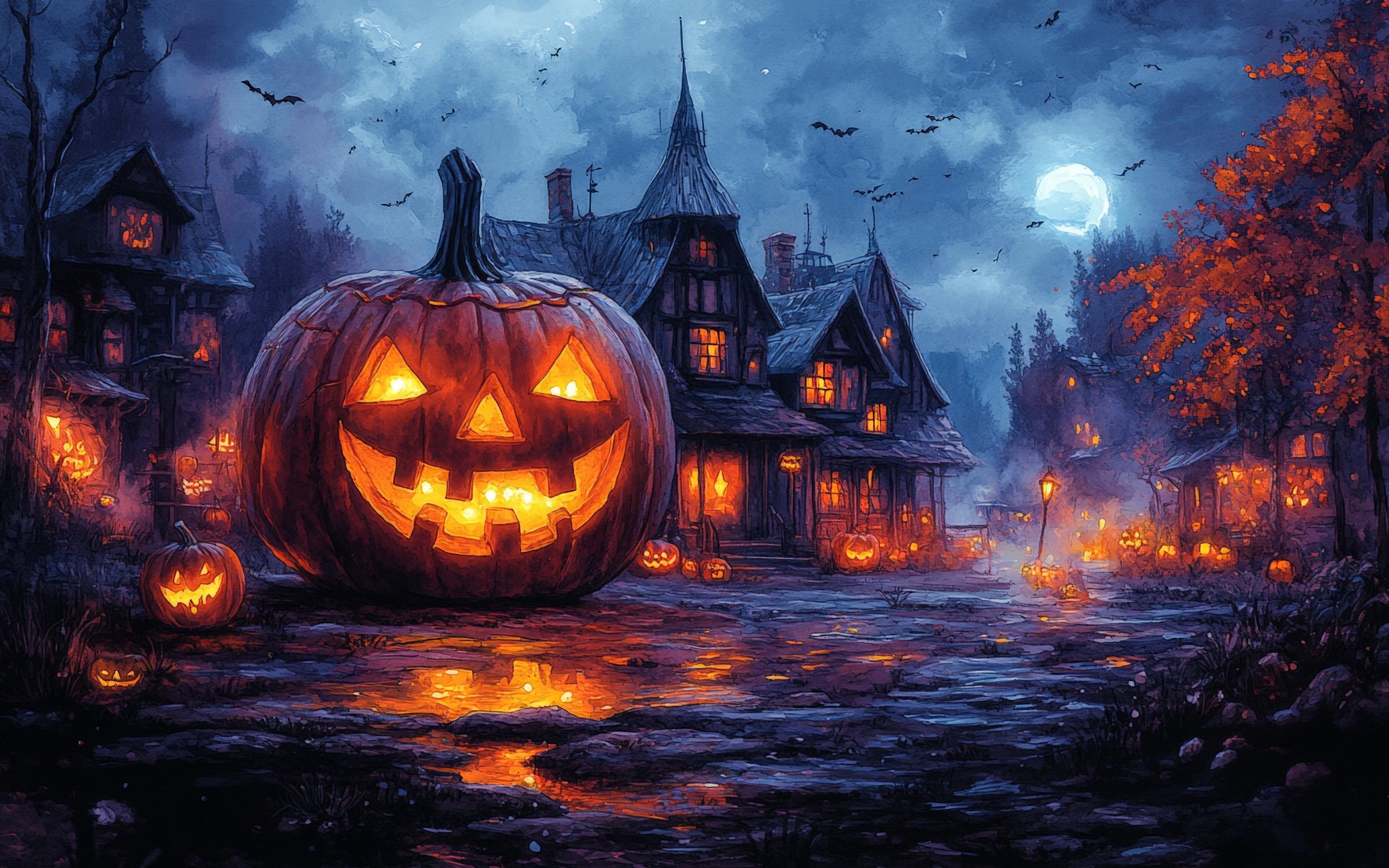 Giant Jack-o-lantern in the village - Wallpapers for Apple MacBook 12″ in 2304x1440 resolution