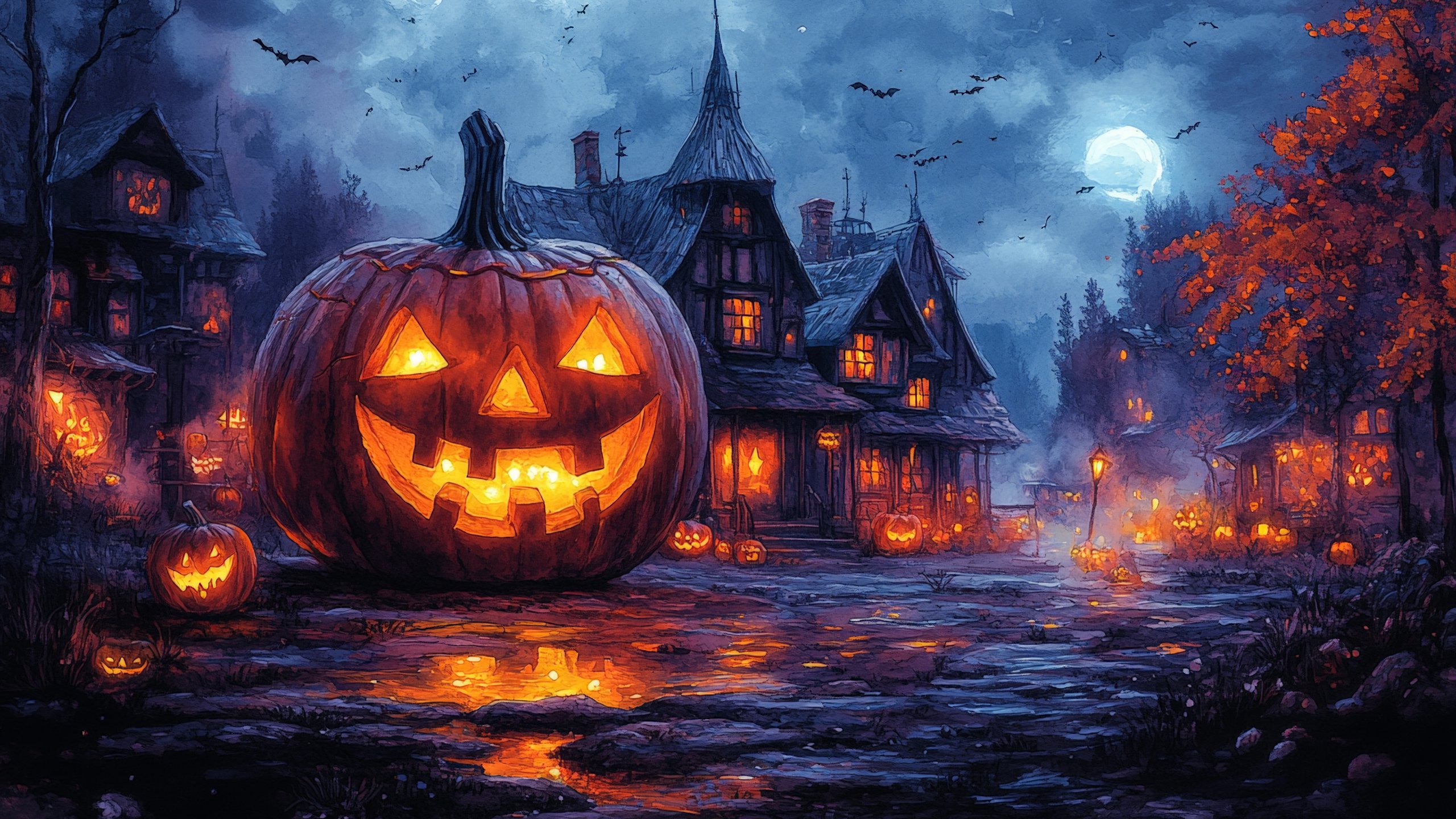 Giant Jack-o-lantern in the village - 2K Quad HD wallpapers in 2560x1440 resolution