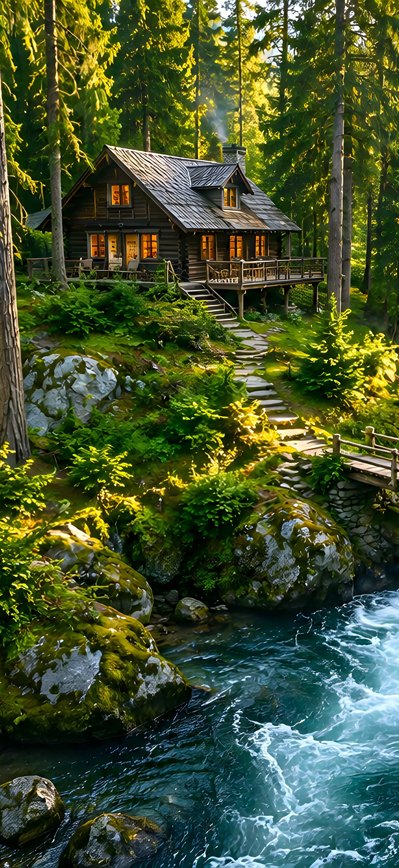 Cabin in a deep forest with a stream - Wallpapers for iPhone 18 Pro Max/17 Pro Max/16 Pro Max in 1320x2868 resolution