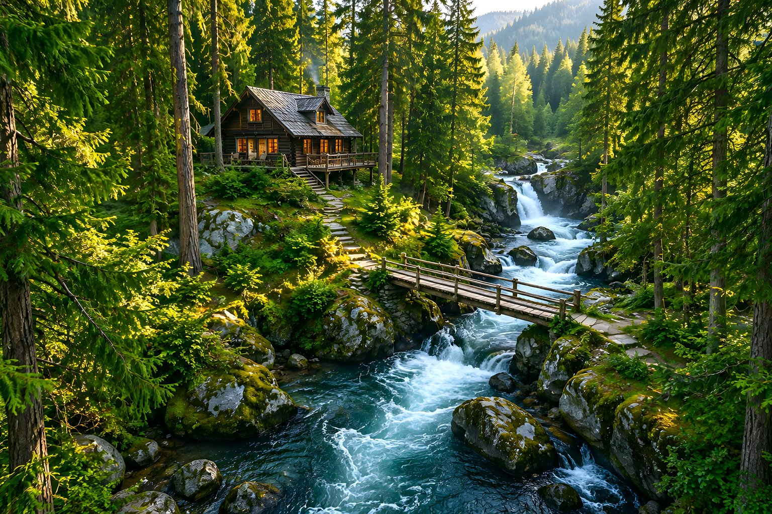 Cabin in a deep forest with a stream - Microsoft Surface 12.4″ wallpapers in 1536x1024 resolution
