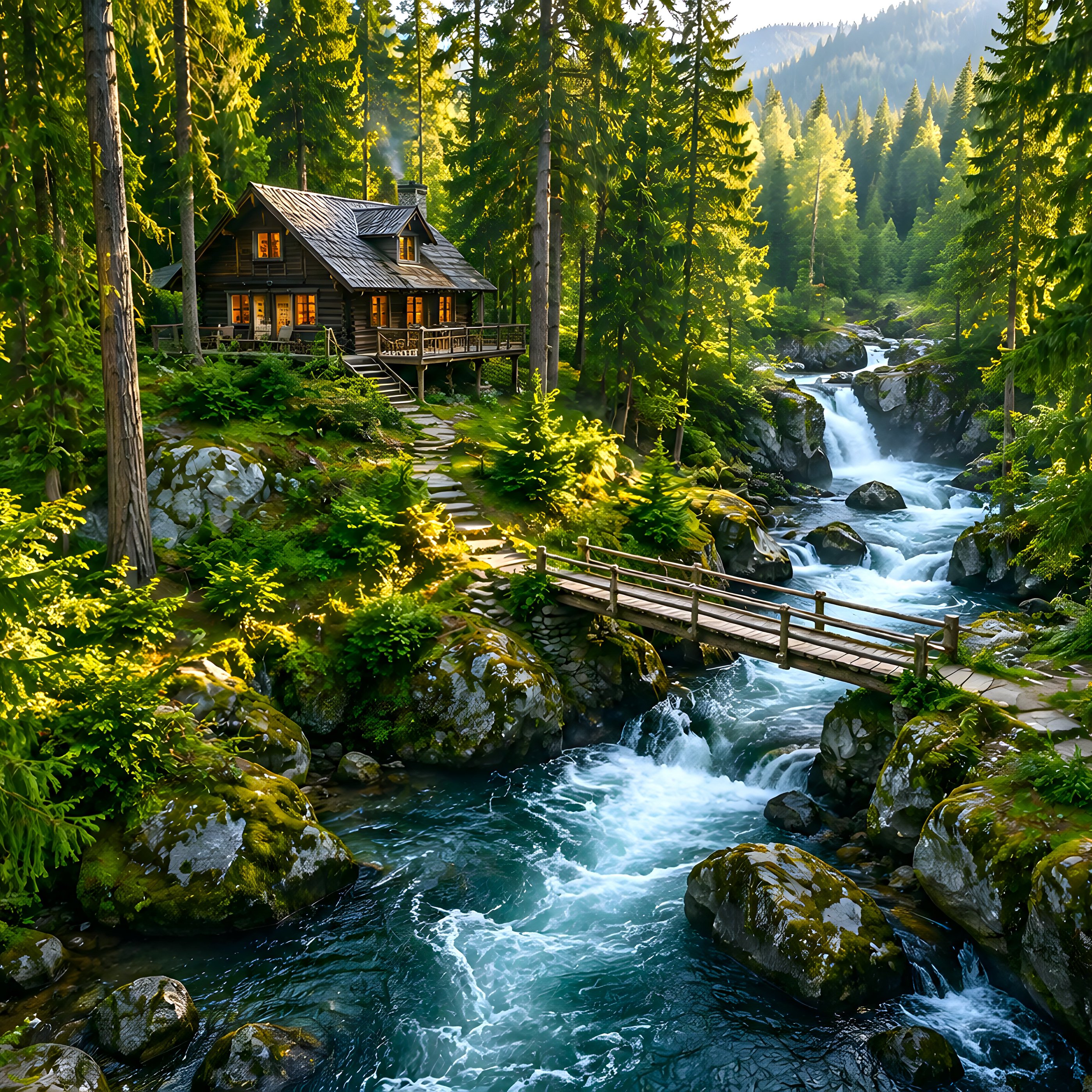 Cabin in a deep forest with a stream - Wallpapers for Samsung Galaxy Tab S9+ in 2800x2800 resolution