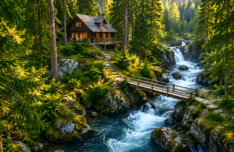 Cabin Wallpapers for iPad Air 10.9″ (2360x2360): cabin, stream, bridge, waterfall